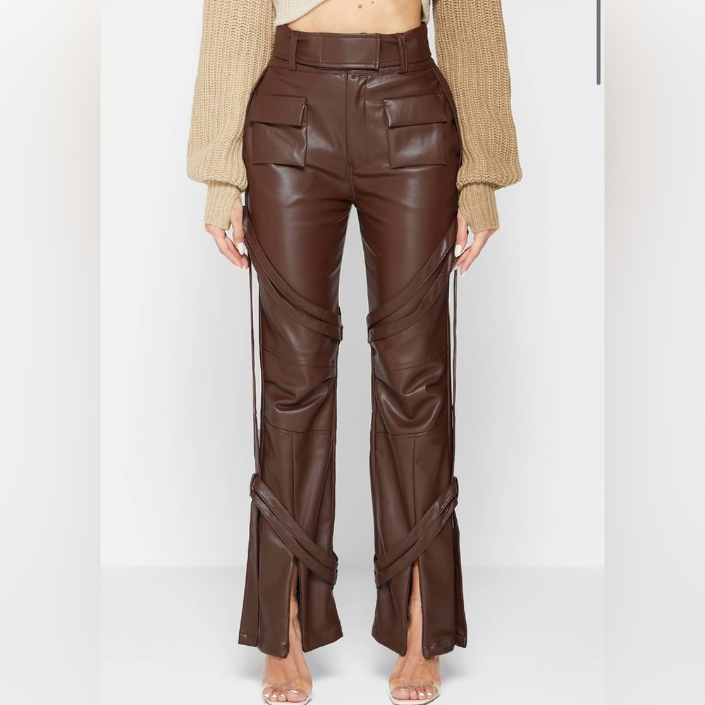 MANIERE DE VOIR BROWN VEGAN LEATHER CARPENTER CARGO TROUSERS- NWT!